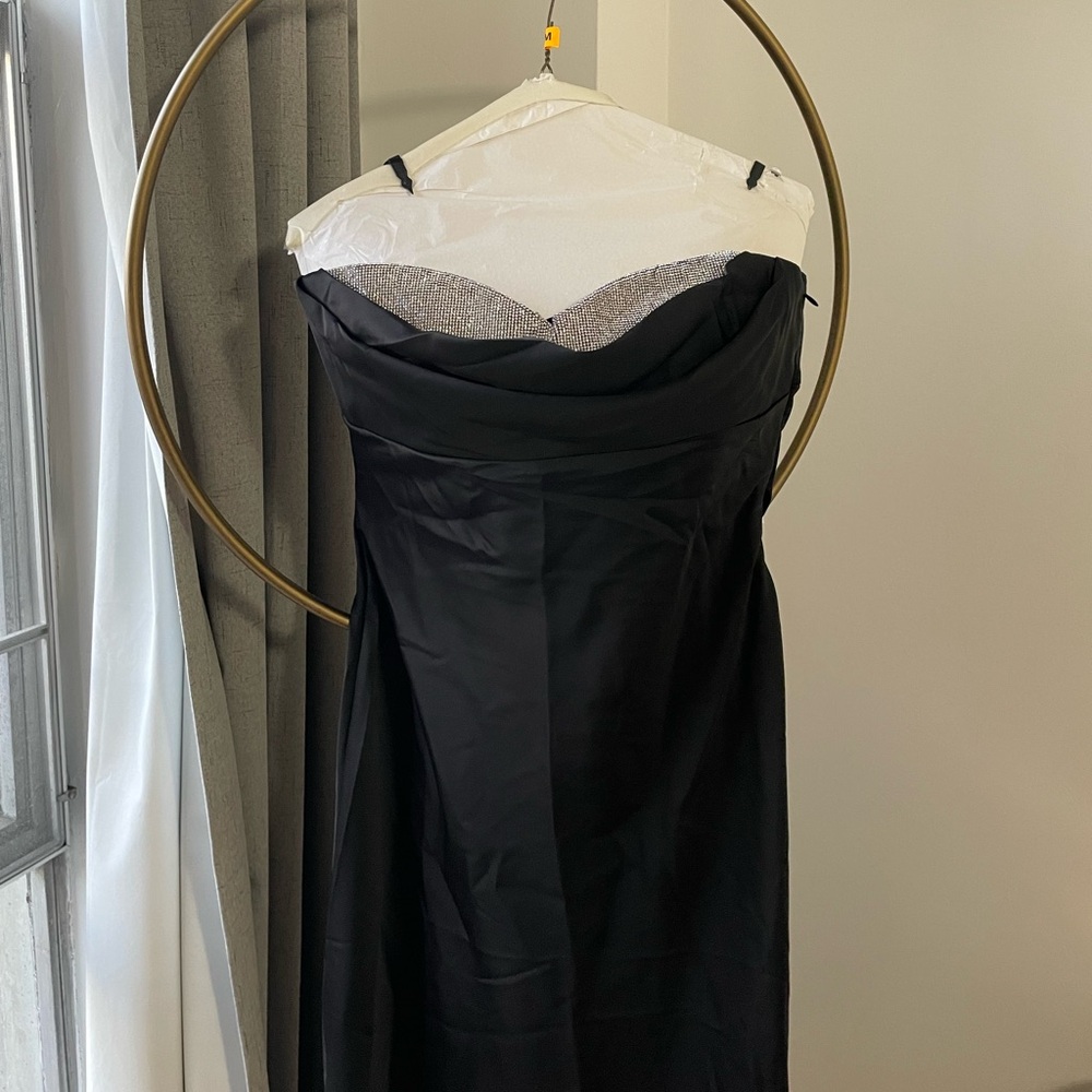 Black Strapless Cowl Neck Satin Maxi Dresses with rhinestone bra detail (NWT)